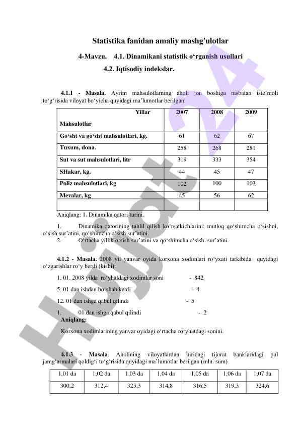 Statistika amaliy mashg'ulotlari: dinamika va iqtisodiy