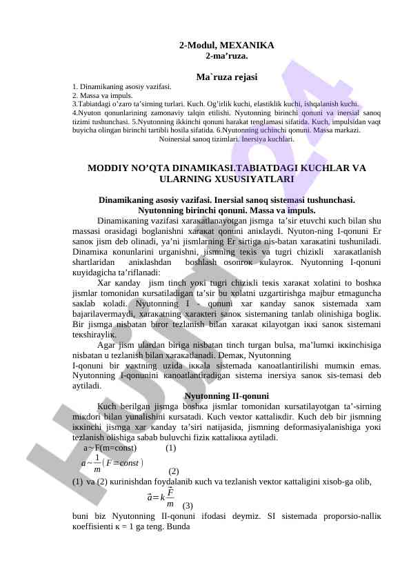 Mexanika 2-ma'ruza rejasi va asosiy qonunlar