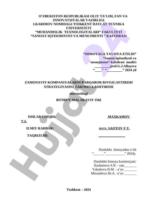 Sanoat iqtisodiyoti va menejmenti bitiruv malakaviy ish