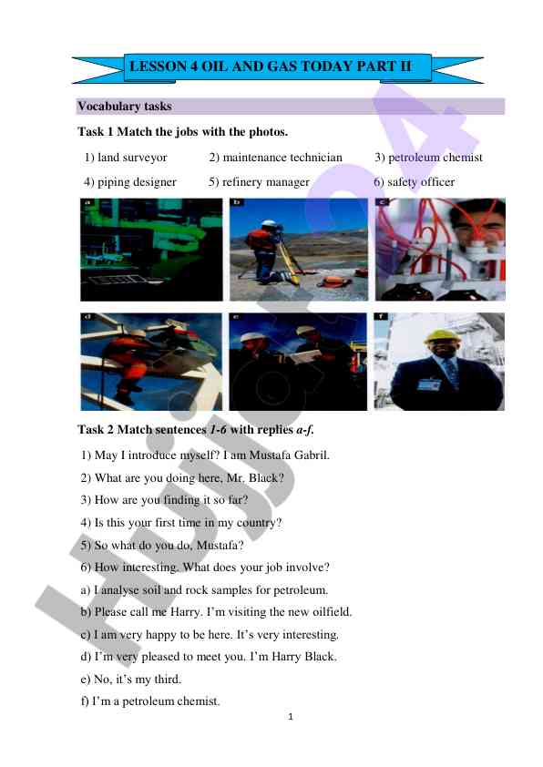 Vocabulary tasks and grammar review for oil and gas