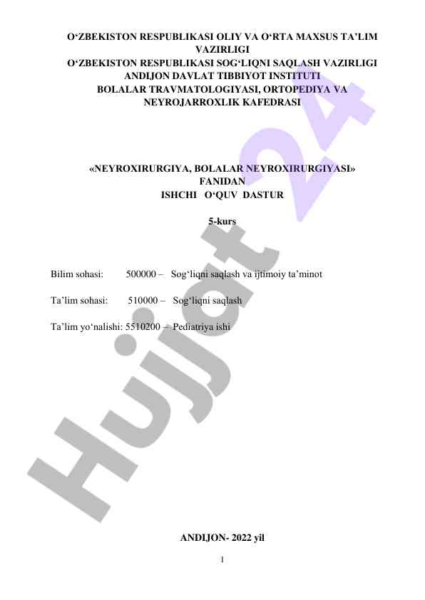 Neyroxirurgiya va bolalar neyroxirurgiyasi o‘quv dasturi