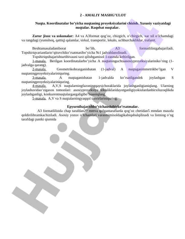 Geometrik proyeksiyalarni chizish amaliy mashg'ulot