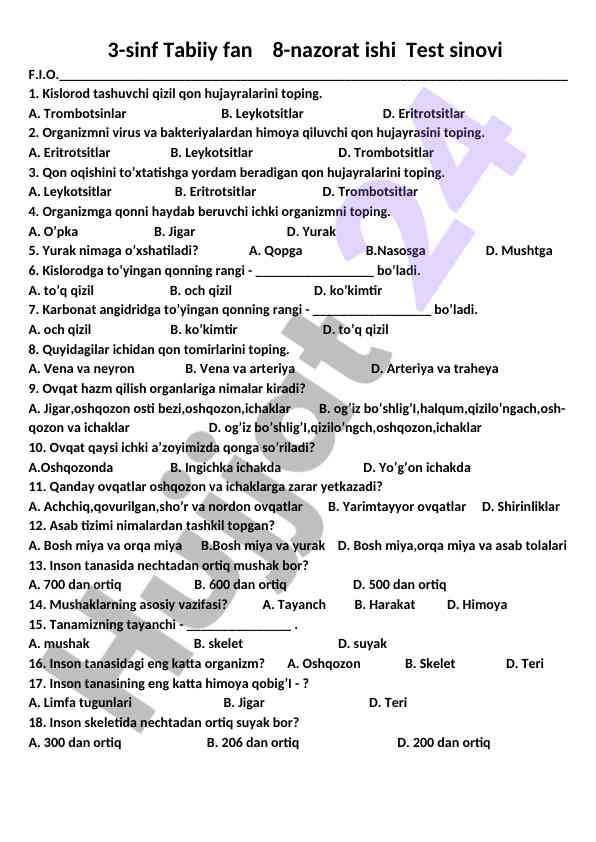 3-sinf tabiiy fan nazorat ishining test sinovi