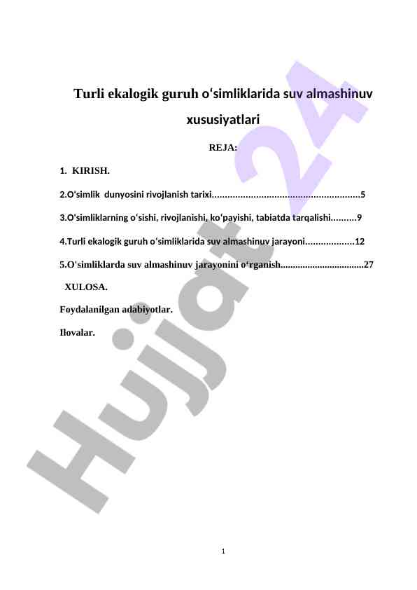 Turli Ekologik Guruh O'simliklarida Suv Almashinuv