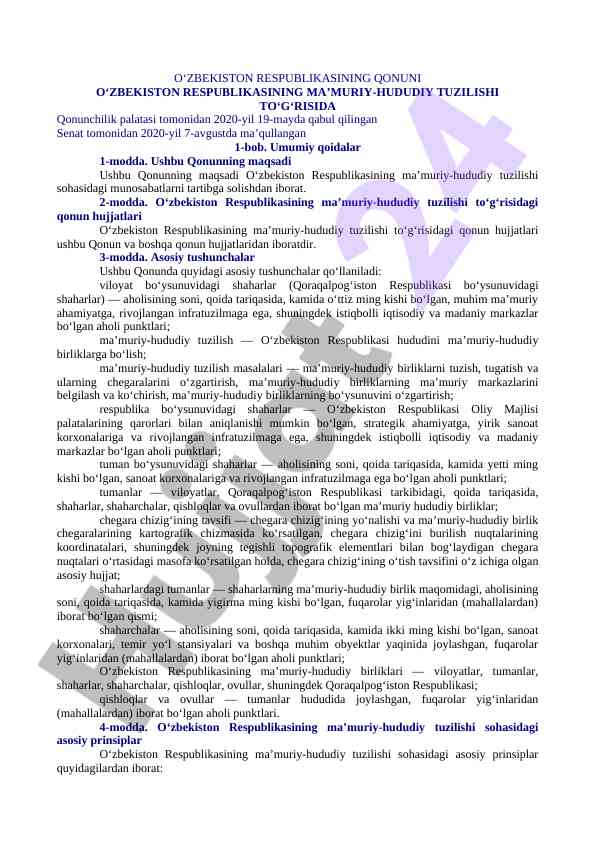 O‘zbekiston respublikasi ma’muriy-hududiy tuzilishi