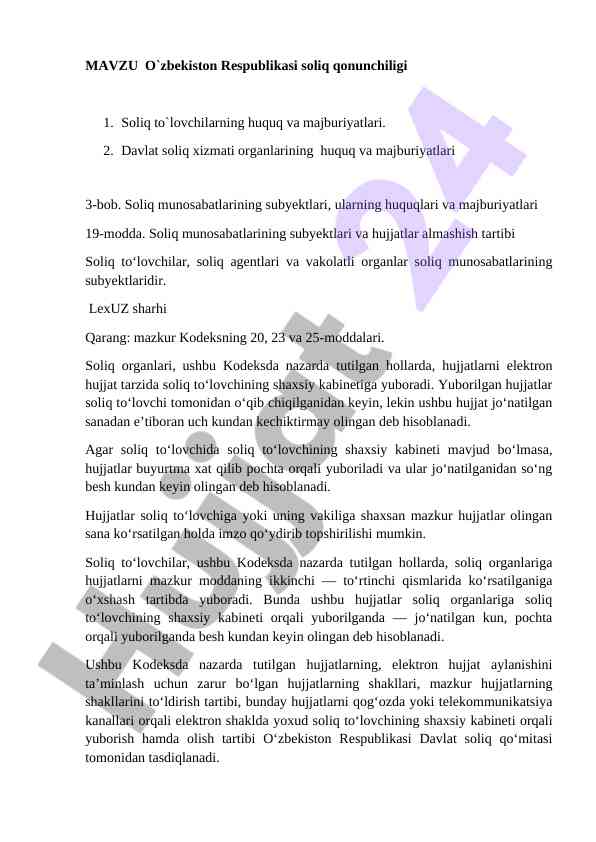 O'zbekiston soliq qonunchiligi bo'yicha huquqlar