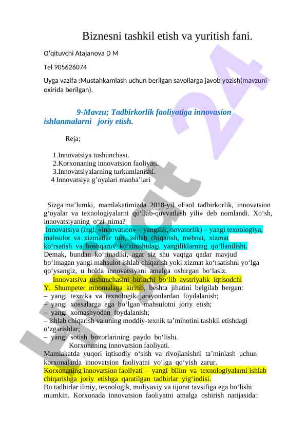 Tadbirkorlik Faoliyatiga Innovasion Ishlanmalar