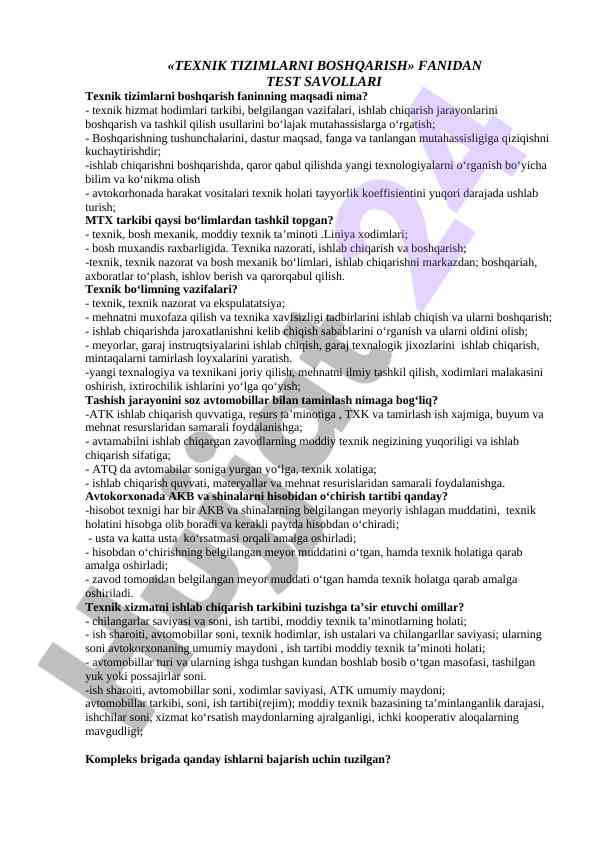 Texnik tizimlarni boshqarish fanidan test savollari