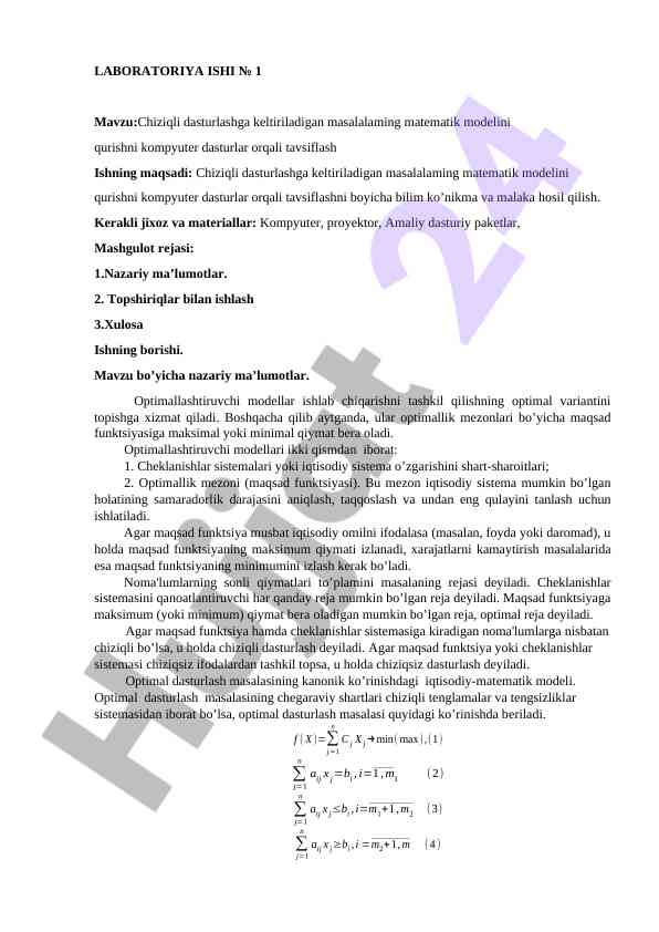 Chiziqli dasturlashdagi matematik modellar