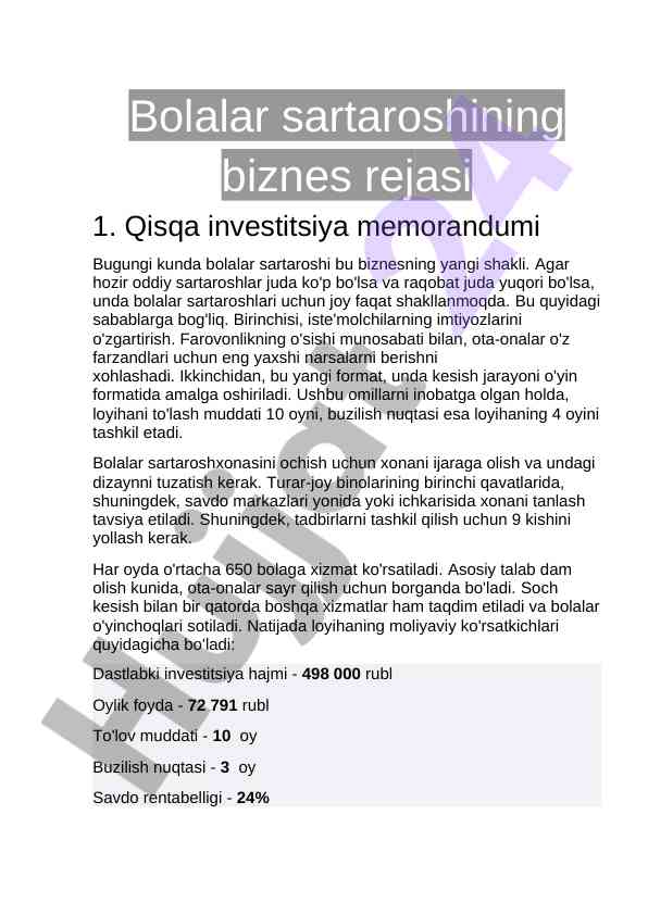 Bolalar sartaroshining biznes rejasi va strategiyalari