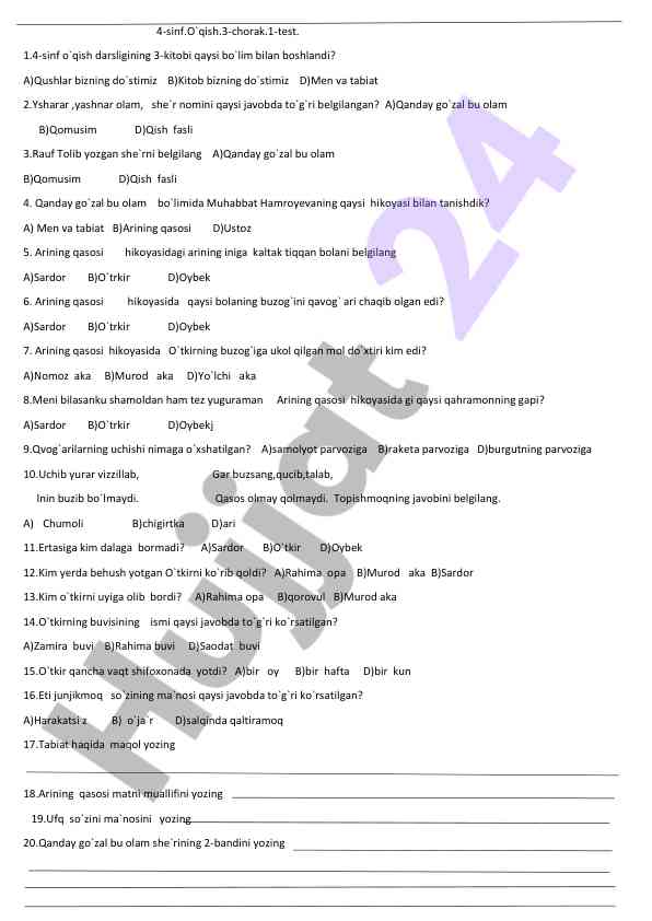 4-sinf o`qish 3-chorak test savollari
