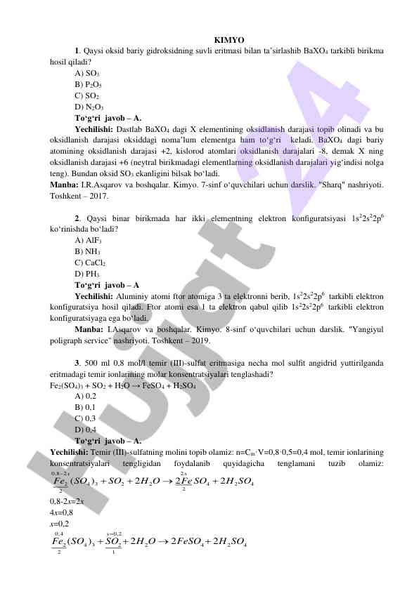 Kimyo o‘quvchilari uchun o‘quv darsliklari