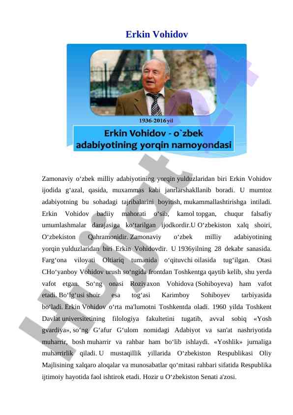 Erkin vohidov: o‘zbek adabiyotining yulduzi