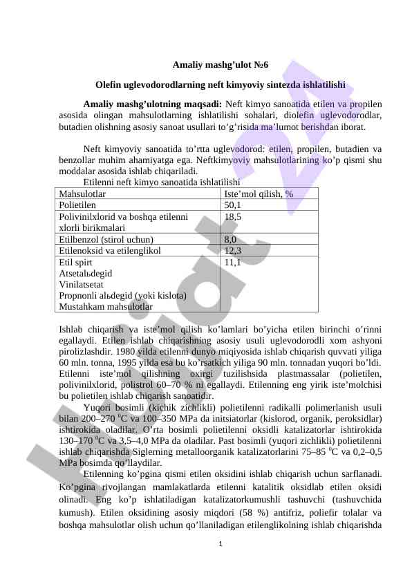 Olefin uglevodorodlarning neft kimyoviy sintezda ishlatilishi