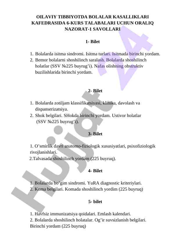 Bolalar kasalliklari oralig nazorat savollari