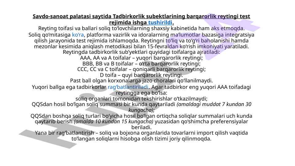 Tadbirkorlik subektlarining barqarorlik reytingi