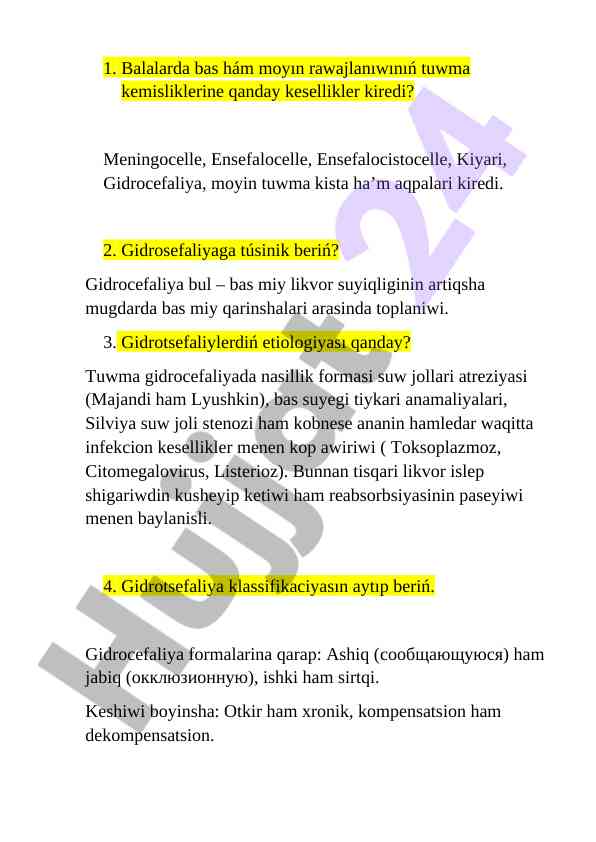 Gidrocefaliya va uning kedergen kesellikleri