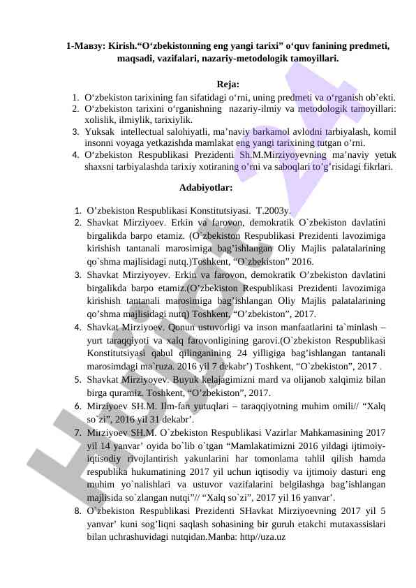 O‘zbekistonning eng yangi tarixi o‘quv fani