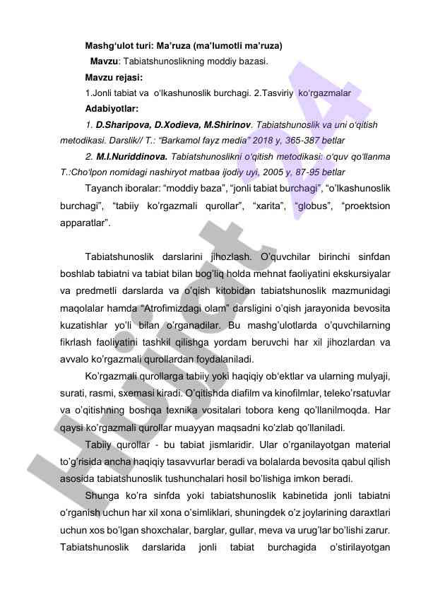 Tabiatshunoslikning moddiy bazasi haqida ma’ruza