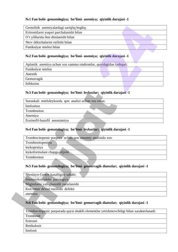 Gematologiya bo'limida anemiya va leykozlar