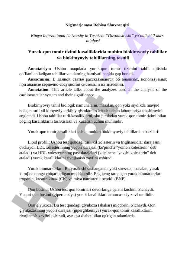 Yurak-qon tomir tizimida biokimyoviy tahlillar