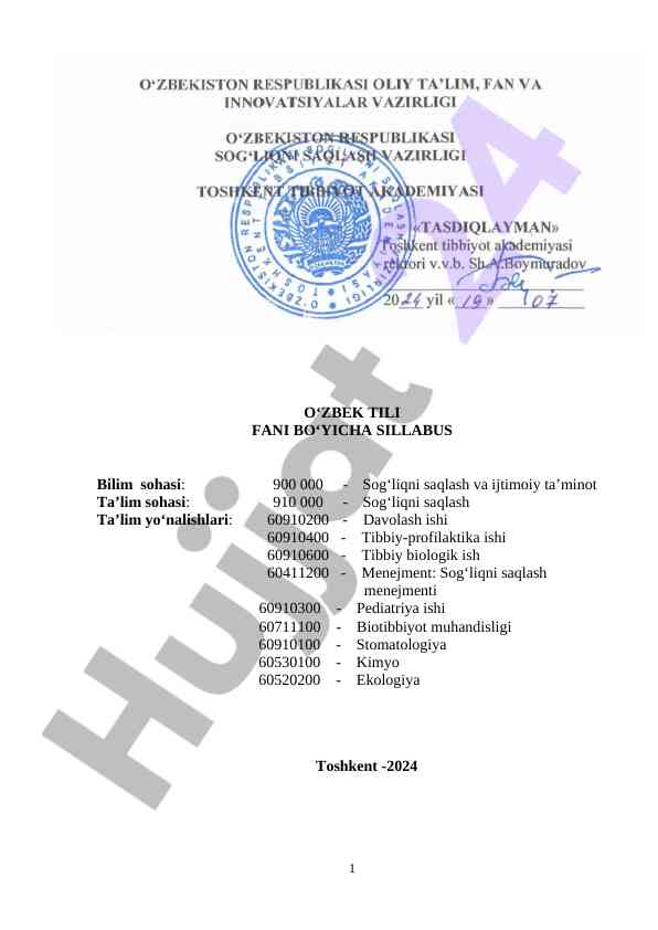 O‘zbek tili fani bo‘yicha sillabus 2024
