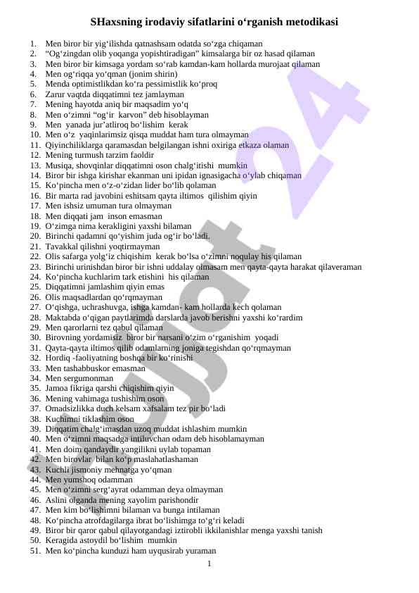 Shaxsning Irodaviy Sifatlarini O‘rganish Metodikasi