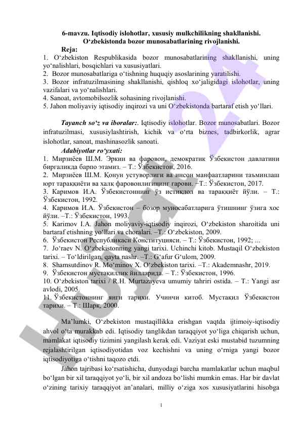Iqtisodiy islohotlar va bozor munosabatlari rivoji