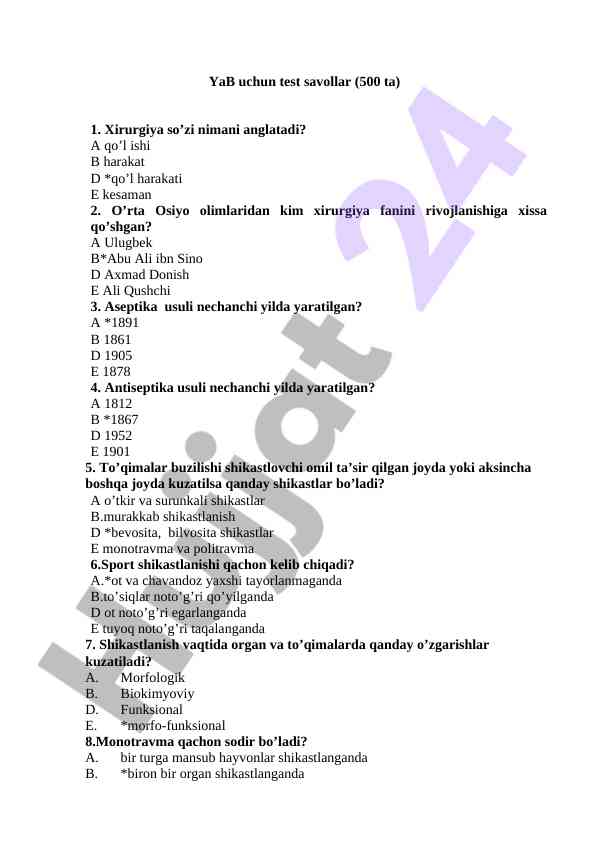 Yaralanish turi bo'yicha test savollari