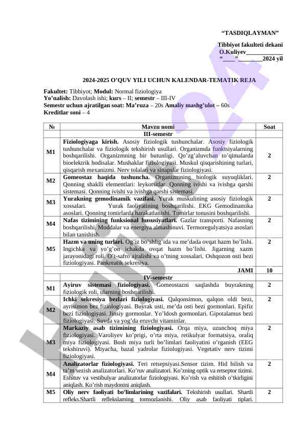 Normal fiziologiya vaqtinchalik reja 2024-2025