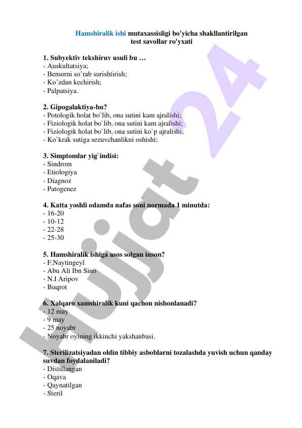 Hamshiralik ishiga oid test savollari ro'yxati
