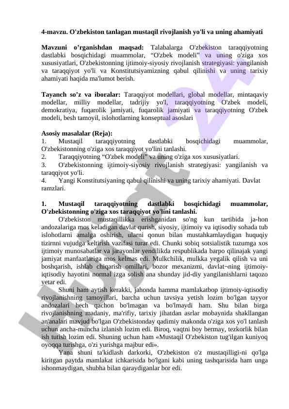 O'zbekiston mustaqil rivojlanish yo'li va ahamiyati