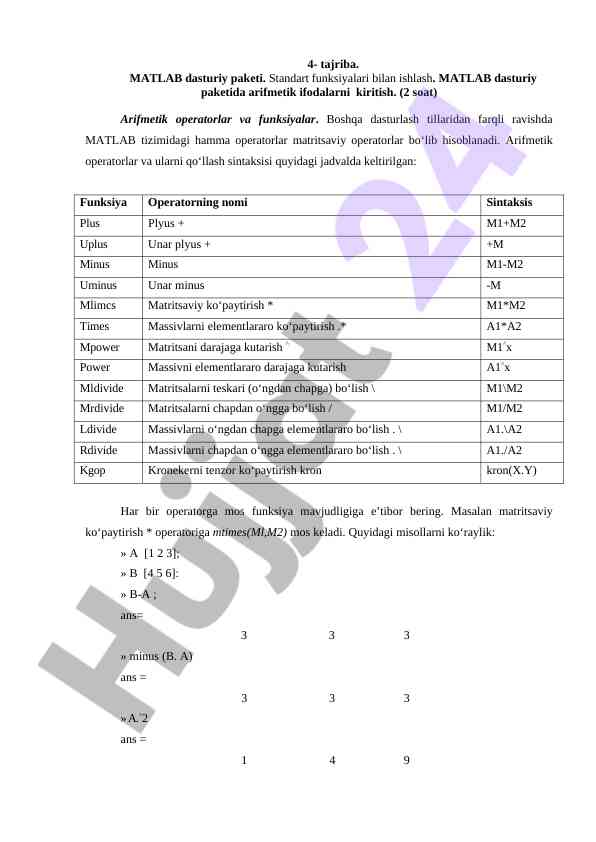 Matlab dasturiy paketida arifmetik operatorlar