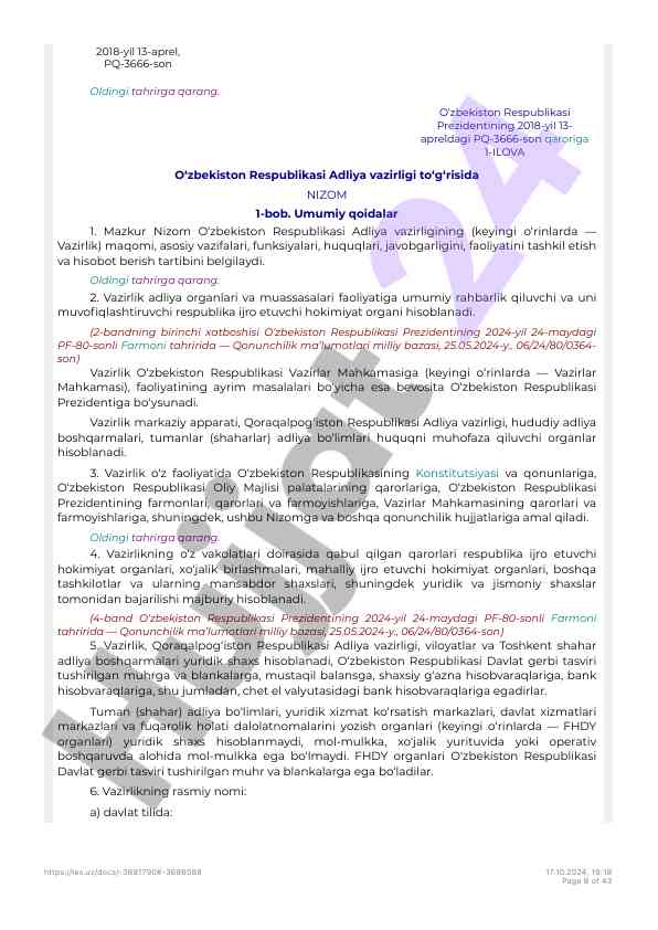 O‘zbekiston respublikasi adliya vazirligi nizomi