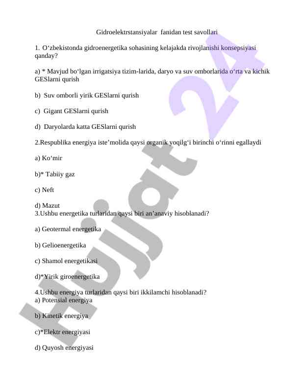 Gidroelektrstansiyalar fani test savollari