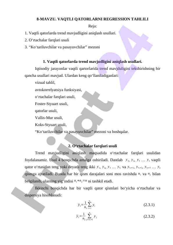 Vaqtli Qatorlarni Regression Tahlili