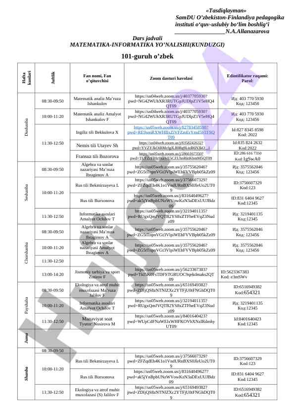 Matematika-informatika dars jadvali hafta rejasi