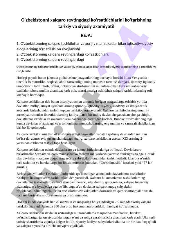 O‘zbekistonning xalqaro reytingdagi ko'rsatkichlari