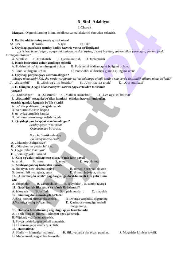 5 sinf adabiyot 1 chorak bilim sinov testlari