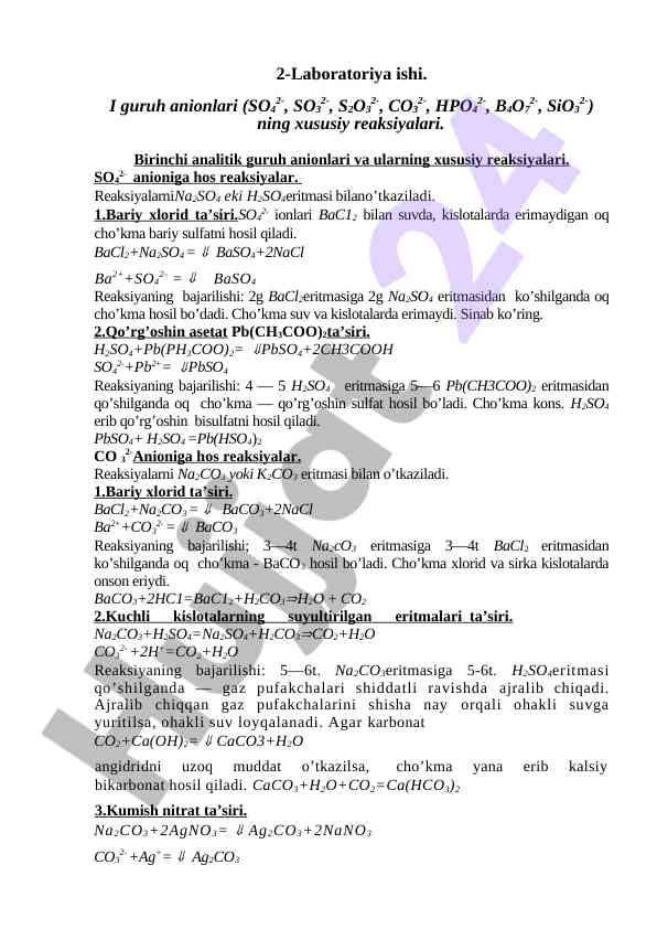Xususiy reaksiyalar va ionlar laboratoriysida ish