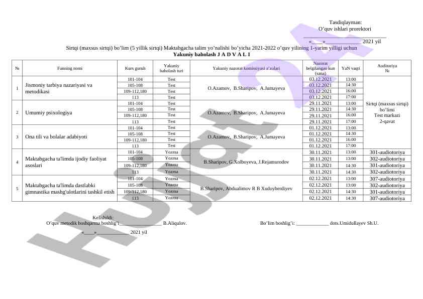Yakuniy baholash jadvali 2021-2022 o'quv yili