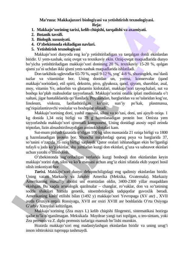 Makkajuxori biologiyasi va yetishtirish texnologiyasi