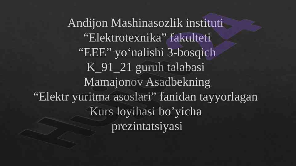 Mustaqil qo‘zg’atishli otd ni elektr yurutmasini loyihalash