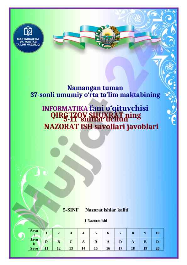 Nazorat ish savollari javoblari 5-11 sinflar uchun