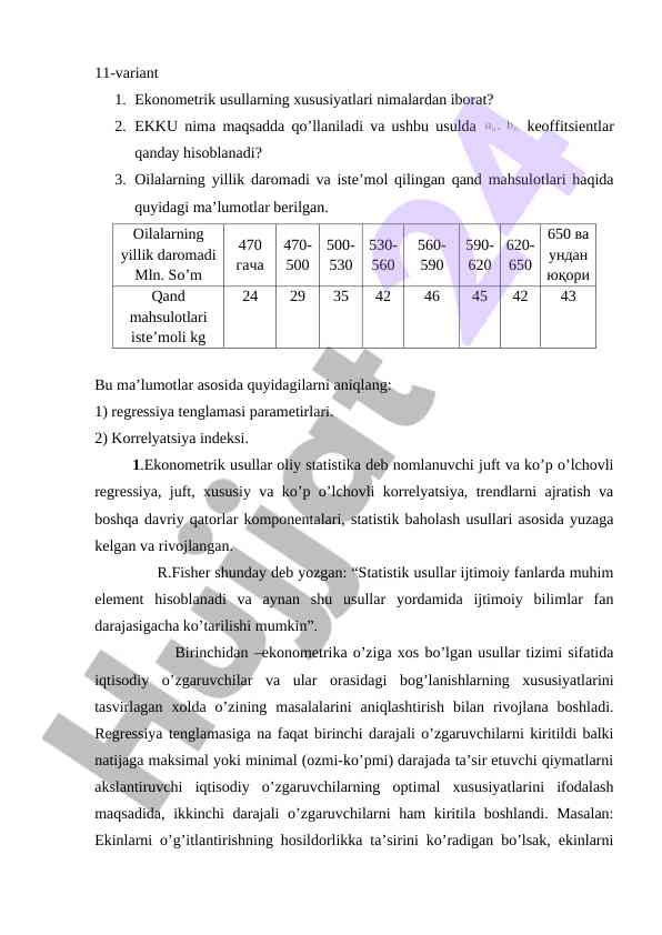 Ekonometrik usullarning xususiyatlari va hisoblash