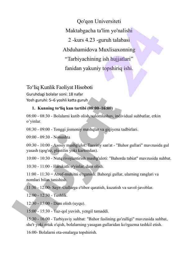 Tarbiyachining ish hujjatlari kurs topshiriqi