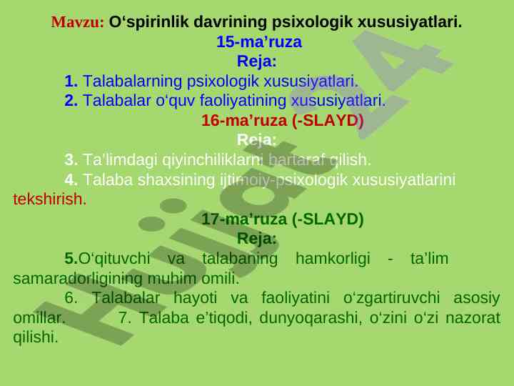 O‘spirinlik davrining psixologik xususiyatlari