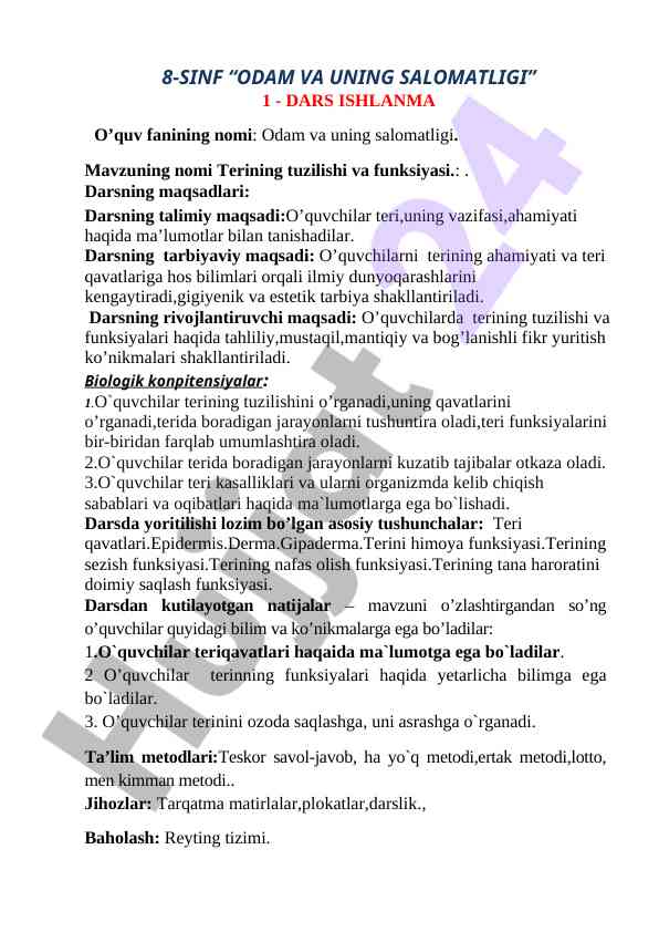 8-sinf odam va uning salomatligi dars ishlanmasi