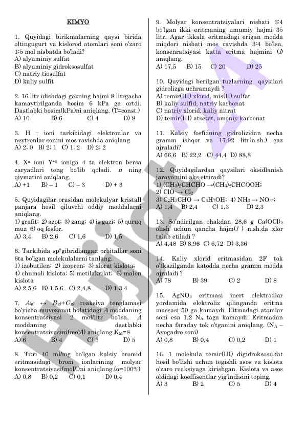 Kimyo test savollari va javoblari