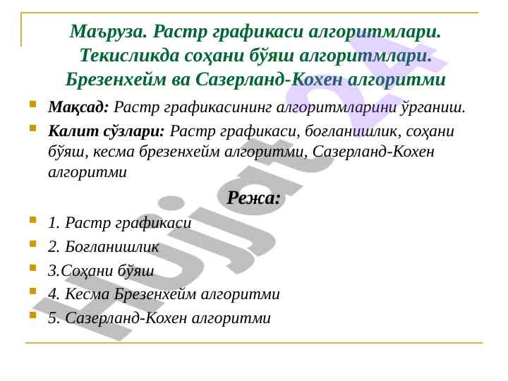 Rastr grafikasining algoritmlari mavzusi